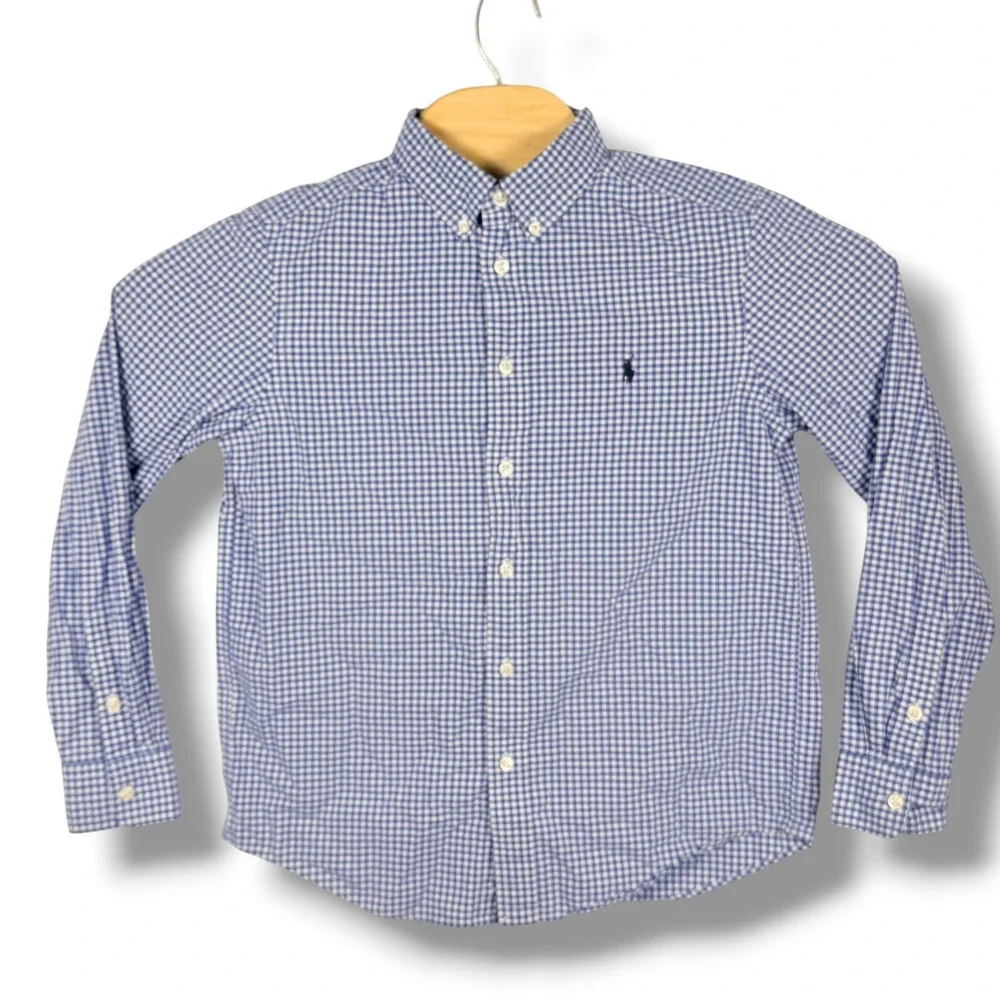 Ralph Lauren Button Down Boys L 14-16 Blue Gingham Natural Stretch Preppy Pony